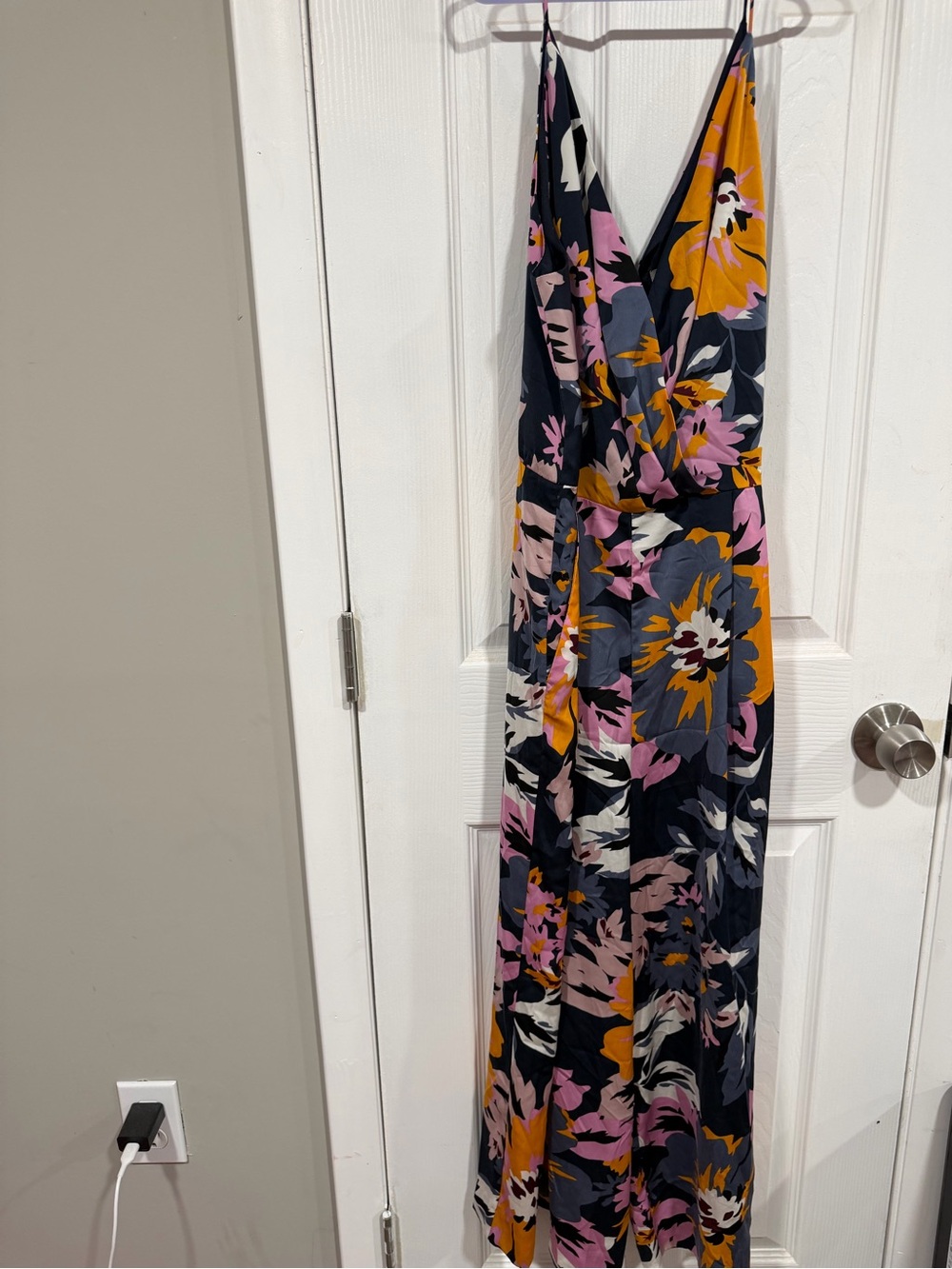H&M Navy Floral Wrap Jumpsuit with Pink & Mustard Flowers
